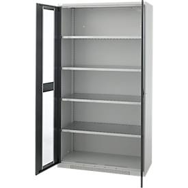 Schäfer Shop Genius Flügeltürenschrank FS, Stahl, Sichtfenster, Lüftungslöcher, B 1055 x T 620 x H 1950 mm, 5 OH, Lichtgrau/Anthrazitgrau, bis 500 kg 