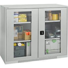 Schäfer Shop Genius Flügeltürenschrank FS, Stahl, Sichtfenster, Lüftungslöcher, B 1343 x T 520 x H 1105 mm, 3 OH, Lichtgrau/Lichtgrau, bis 450 kg