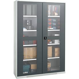 Schäfer Shop Genius Flügeltürenschrank FS, Stahl, Sichtfenster, Lüftungslöcher, B 1343 x T 520 x H 1950 mm, 5 OH, Lichtgrau/Anthrazitgrau, bis 750 kg 