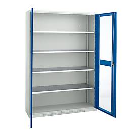 Schäfer Shop Genius Flügeltürenschrank FS, Stahl, Sichtfenster, Lüftungslöcher, B 1343 x T 520 x H 1950 mm, 5 OH, Lichtgrau/Enzianblau, bis 750 kg 