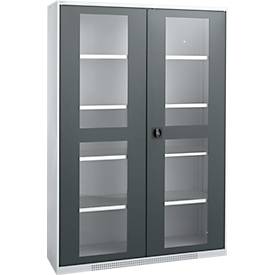 Schäfer Shop Genius Flügeltürenschrank FS, Stahl, Sichtfenster, Lüftungslöcher, B 1343 x T 520 x H 1950 mm, 5 OH, Weißalu/Anthrazitgrau, bis 750 kg 