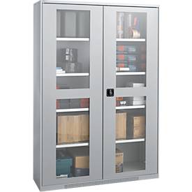 Schäfer Shop Genius Flügeltürenschrank FS, Stahl, Sichtfenster, Lüftungslöcher, B 1343 x T 520 x H 1950 mm, 5 OH, Weißalu/Weißalu, bis 750 kg 