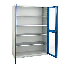 Schäfer Shop Genius Flügeltürenschrank FS, Stahl, Sichtfenster, Lüftungslöcher, B 1343 x T 620 x H 1950 mm, 5 OH, Lichtgrau/Enzianblau, bis 750 kg 