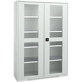 Schäfer Shop Genius Flügeltürenschrank FS, Stahl, Sichtfenster, Lüftungslöcher, B 1343 x T 620 x H 1950 mm, 5 OH, Lichtgrau/Lichtgrau, bis 750 kg 
