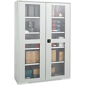 Schäfer Shop Genius Flügeltürenschrank FS, Stahl, Sichtfenster, Lüftungslöcher, B 1343 x T 620 x H 1950 mm, 5 OH, Lichtgrau/Lichtgrau, bis 750 kg 