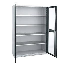 Schäfer Shop Genius Flügeltürenschrank FS, Stahl, Sichtfenster, Lüftungslöcher, B 1343 x T 620 x H 1950 mm, 5 OH, Weißalu/Anthrazitgrau, bis 750 kg 