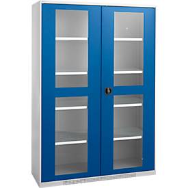 Schäfer Shop Genius Flügeltürenschrank FS, Stahl, Sichtfenster, Lüftungslöcher, B 1343 x T 620 x H 1950 mm, 5 OH, Weißalu/Enzianblau, bis 750 kg 