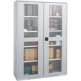 Schäfer Shop Genius Flügeltürenschrank FS, Stahl, Sichtfenster, Lüftungslöcher, B 1343 x T 620 x H 1950 mm, 5 OH, Weißalu/Weißalu, bis 750 kg 