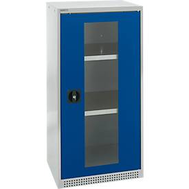 Schäfer Shop Genius Flügeltürenschrank FS, Stahl, Sichtfenster, Lüftungslöcher, B 545 x T 520 x H 1105 mm, 3 OH, Lichtgrau/Enzianblau, bis 150 kg