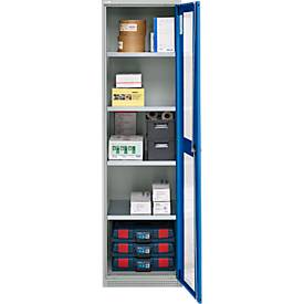 Schäfer Shop Genius Flügeltürenschrank FS, Stahl, Sichtfenster, Lüftungslöcher, B 545 x T 520 x H 1950 mm, 5 OH, Lichtgrau/Enzianblau, bis 250 kg 