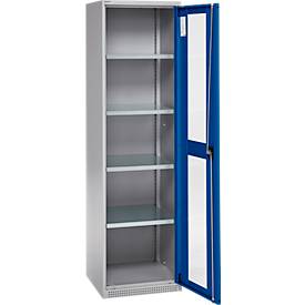 Schäfer Shop Genius Flügeltürenschrank FS, Stahl, Sichtfenster, Lüftungslöcher, B 545 x T 520 x H 1950 mm, 5 OH, Weißalu/Enzianblau, bis 250 kg 