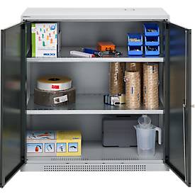 Schäfer Shop Genius Flügeltürschrank FS, Stahl, mit Belüftungslöchern, B 1055 x T 420 x H 1105 mm, 3 OH, weißaluminium/anthrazitgrau, bis 450 kg