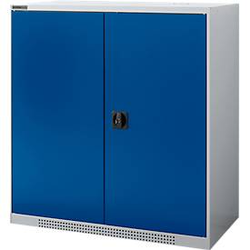 Schäfer Shop Genius Flügeltürschrank FS, Stahl, mit Belüftungslöchern, B 1055 x T 420 x H 1105 mm, 3 OH, weißaluminium/enzianblau, bis 450 kg