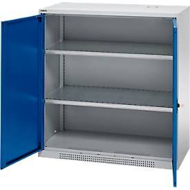 Schäfer Shop Genius Flügeltürschrank FS, Stahl, mit Belüftungslöchern, B 1055 x T 420 x H 1105 mm, 3 OH, weißaluminium/enzianblau, bis 450 kg