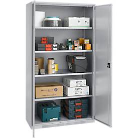 Schäfer Shop Genius Flügeltürschrank FS, Stahl, mit Belüftungslöchern, B 1055 x T 420 x H 1950 mm, 5 OH, weißaluminium/weißaluminium, bis 450 kg