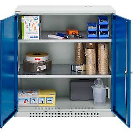 Schäfer Shop Genius Flügeltürschrank FS, Stahl, mit Belüftungslöchern, B 1055 x T 620 x H 1105 mm, 3 OH, lichtgrau/enzianblau, bis 450 kg