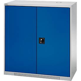 Schäfer Shop Genius Flügeltürschrank FS, Stahl, mit Belüftungslöchern, B 1055 x T 620 x H 1105 mm, 3 OH, weißaluminium/enzianblau, bis 450 kg