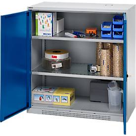 Schäfer Shop Genius Flügeltürschrank FS, Stahl, mit Belüftungslöchern, B 1055 x T 620 x H 1105 mm, 3 OH, weißaluminium/enzianblau, bis 450 kg