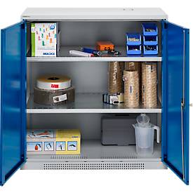 Schäfer Shop Genius Flügeltürschrank FS, Stahl, mit Belüftungslöchern, B 1055 x T 620 x H 1105 mm, 3 OH, weißaluminium/enzianblau, bis 450 kg