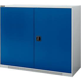 Schäfer Shop Genius Flügeltürschrank FS, Stahl, mit Belüftungslöchern, B 1343 x T 620 x H 1105 mm, 3 OH, weißaluminium/enzianblau, bis 450 kg