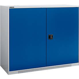 Schäfer Shop Genius Flügeltürschrank FS, Stahl, mit Belüftungslöchern, B 1343 x T 620 x H 1105 mm, 3 OH, weißaluminium/enzianblau, bis 450 kg