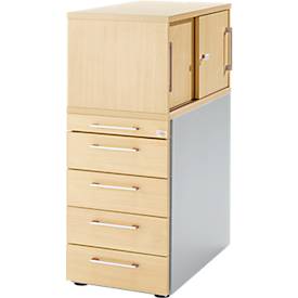 Schäfer Shop Genius Hoog ladeblok met opzetkast met schuifdeuren, afsluitbaar, B 435 x D 800 x H 1092 mm, met vierkante handgreep, ahorndecor/blank aluminium