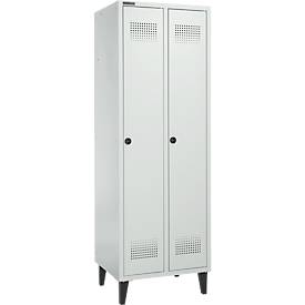 Schäfer Shop Genius Kledinglocker met poten, 2 compartimenten, B 630 x D 500 X H 1850 mm, veiligheidsdraaigrendelslot, lichtgrijs/lichtgrijs