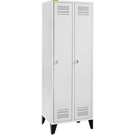 Schäfer Shop Genius Kleiderspind mit Füßen, 2 Abteile, 300 mm Abteilbreite, Sicherheitsdrehriegelverschluss, lichtgrau