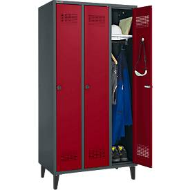 Schäfer Shop Genius Kleiderspind mit Füßen, 3 Abteile, 300 mm Abteilbreite, Sicherheitsdrehriegelverschluss, anthrazit/rubinrot