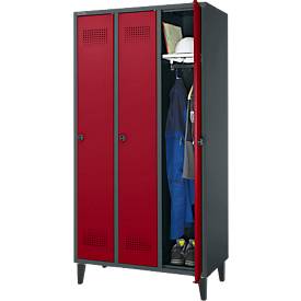 Schäfer Shop Genius Kleiderspind mit Füßen, 3 Abteile, 300 mm Abteilbreite, Sicherheitsdrehriegelverschluss, anthrazit/rubinrot