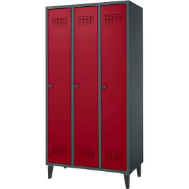 Schäfer Shop Genius Kleiderspind mit Füßen, 3 Abteile, 300 mm Abteilbreite, Sicherheitsdrehriegelverschluss, anthrazit/rubinrot