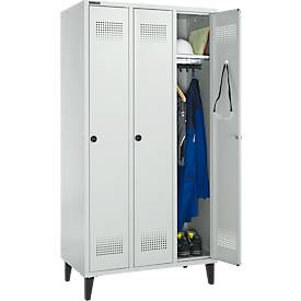 Schäfer Shop Genius Kleiderspind mit Füßen, 3 Abteile, 300 mm Abteilbreite, Sicherheitsdrehriegelverschluss, lichtgrau/lichtgrau