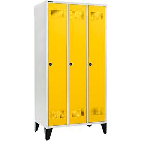 Schäfer Shop Genius Kleiderspind mit Füßen, 3 Abteile, 300 mm Abteilbreite, Sicherheitsdrehriegelverschluss, lichtgrau/rapsgelb