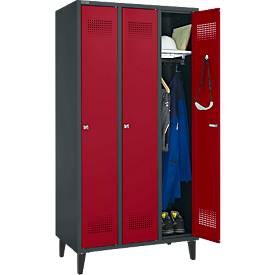 Schäfer Shop Genius Kleiderspind mit Füßen, 3 Abteile, 300 mm Abteilbreite, Zylinderschloss, anthrazit/rubinrot