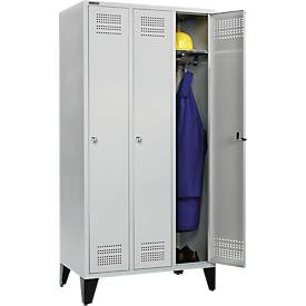 Schäfer Shop Genius Kleiderspind mit Füßen, 3 Abteile, 300 mm Abteilbreite, Zylinderschloss, lichtgrau/lichtgrau