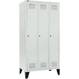 Schäfer Shop Genius Kleiderspind mit Füßen, 3 Abteile, 300 mm Abteilbreite, Zylinderschloss, lichtgrau/lichtgrau