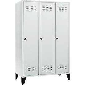Schäfer Shop Genius Kleiderspind mit Füßen, 3 Abteile, 400 mm Abteilbreite, Sicherheitsdrehriegelverschluss, lichtgrau/lichtgrau