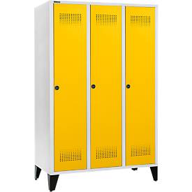 Schäfer Shop Genius Kleiderspind mit Füßen, 3 Abteile, 400 mm Abteilbreite, Sicherheitsdrehriegelverschluss, lichtgrau/rapsgelb