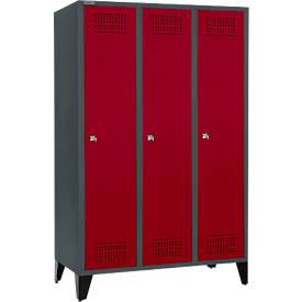Schäfer Shop Genius Kleiderspind mit Füßen, 3 Abteile, 400 mm Abteilbreite, Zylinderschloss, anthrazit/rubinrot