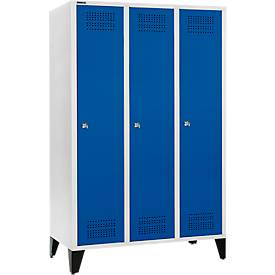 Schäfer Shop Genius Kleiderspind mit Füßen, 3 Abteile, 400 mm Abteilbreite, Zylinderschloss, lichtgrau/enzianblau