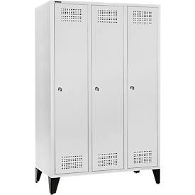 Schäfer Shop Genius Kleiderspind mit Füßen, 3 Abteile, 400 mm Abteilbreite, Zylinderschloss, lichtgrau/lichtgrau