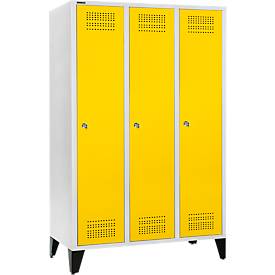 Schäfer Shop Genius Kleiderspind mit Füßen, 3 Abteile, 400 mm Abteilbreite, Zylinderschloss, lichtgrau/rapsgelb