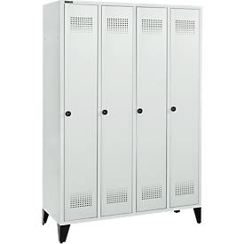 Schäfer Shop Genius Kleiderspind mit Füßen, 4 Abteile, 300 mm Abteilbreite, Drehriegelverschluss, lichtgrau