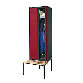 Schäfer Shop Genius Kleiderspind mit Sitzbank, 2 Abteile, 300 mm Abteilbreite, Sicherheitsdrehriegelverschluss, anthrazit/rubinrot