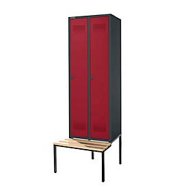Schäfer Shop Genius Kleiderspind mit Sitzbank, 2 Abteile, 300 mm Abteilbreite, Sicherheitsdrehriegelverschluss, anthrazit/rubinrot