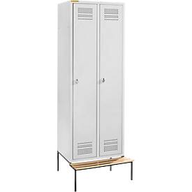 Schäfer Shop Genius Kleiderspind mit Sitzbank, 2 Abteile, 300 mm Abteilbreite, Sicherheitsdrehriegelverschluss, lichtgrau