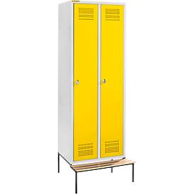 Schäfer Shop Genius Kleiderspind mit Sitzbank, 2 Abteile, 300 mm Abteilbreite, Sicherheitsdrehriegelverschluss, lichtgrau/rapsgelb
