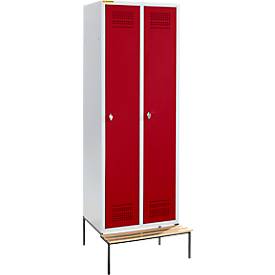 Schäfer Shop Genius Kleiderspind mit Sitzbank, 2 Abteile, 300 mm Abteilbreite, Sicherheitsdrehriegelverschluss, lichtgrau/rubinrot