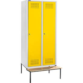Schäfer Shop Genius Kleiderspind mit Sitzbank, 2 Abteile, 300 mm Abteilbreite, Zylinderschloss, lichtgrau/gelb