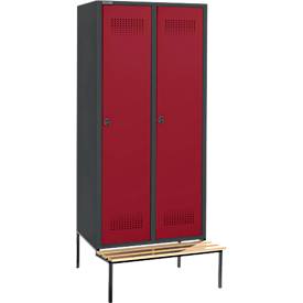 Schäfer Shop Genius Kleiderspind mit Sitzbank, 2 Abteile, 400 mm Abteilbreite, Sicherheitsdrehriegelverschluss, anthrazit/rubinrot
